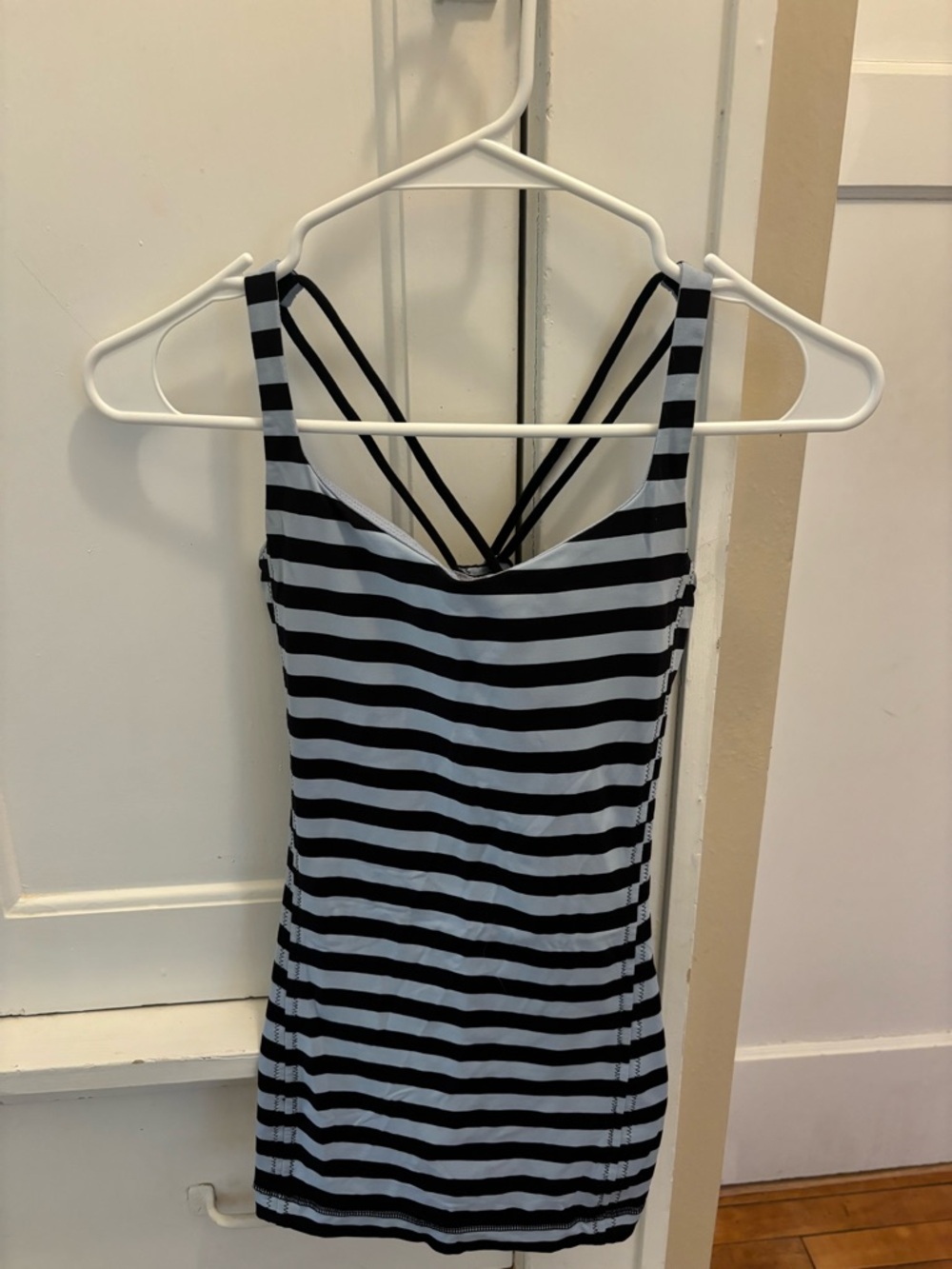 Lululemon Workout Top - Black and Blue Striped with Crisscross Back